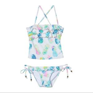NWT PilyQ Girl Pineapple Beaded Ruffle Tankini Set